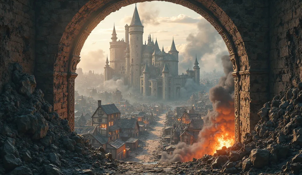 The camera shows a destroyed city from above. Ruins remain from the castle walls. There is a huge hole in the fortress wall. Some houses in town are still burning. Cinematic style, fantasy