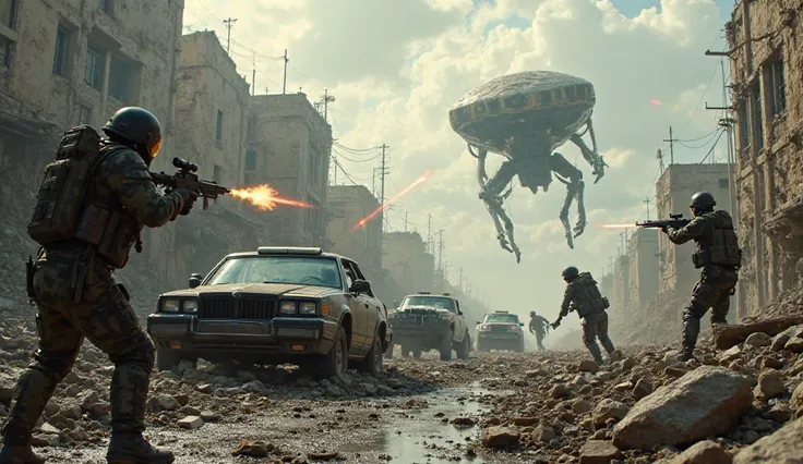 Human soldiers hide behind rubble and mangled cars, fire their weapons in the direction of alien troops descending to the ground. Humanoid aliens in black armor dodged shots nimbly and retaliated with deadly lasers.