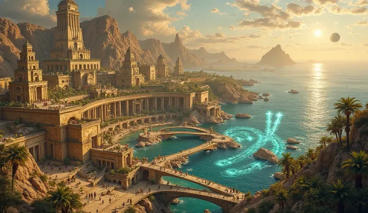 Meaning it would have existed nearly 12,000 years ago—the Lost City of Atlantis in its prime. A breathtaking view of an ancient, advanced civilization thriving on a vast island. Towering golden temples, intricate marble palaces, and circular canals shimmer...