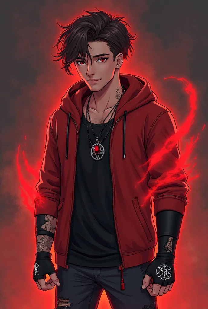 * ,
* male,
* height: 5'7
* weight: 55kg
* hair color: brunette 
* Hairstyle: undercut wavy hair,
 
* civilian outfit: A zipped open scarlet hoodie over a black distressed top and a black onyx gemstone necklace and black fingerless gloves with white pentag...