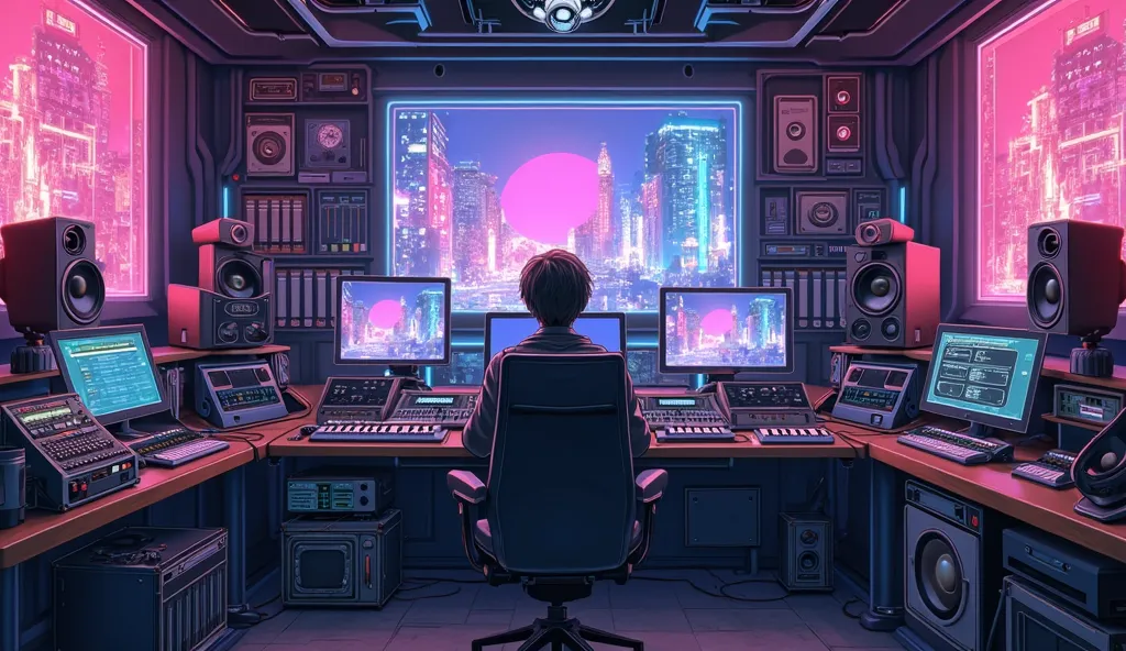 Technological and futuristic music studio with sound boxes and computers, a cyberpunk city showing up on computer screens, Nobody is in this room,  anime style cartoon glasses, 4k anime style wallpaper 