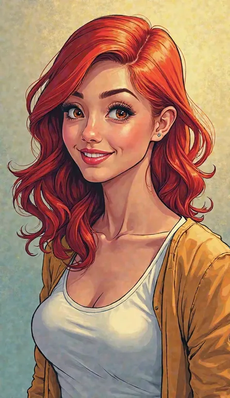 DISCREET image. with discreet casual clothes. image adult woman, american, comic book style. SMILE. IMAGES WITH VIBRANT COLORS.half body.  with light colors. red hair