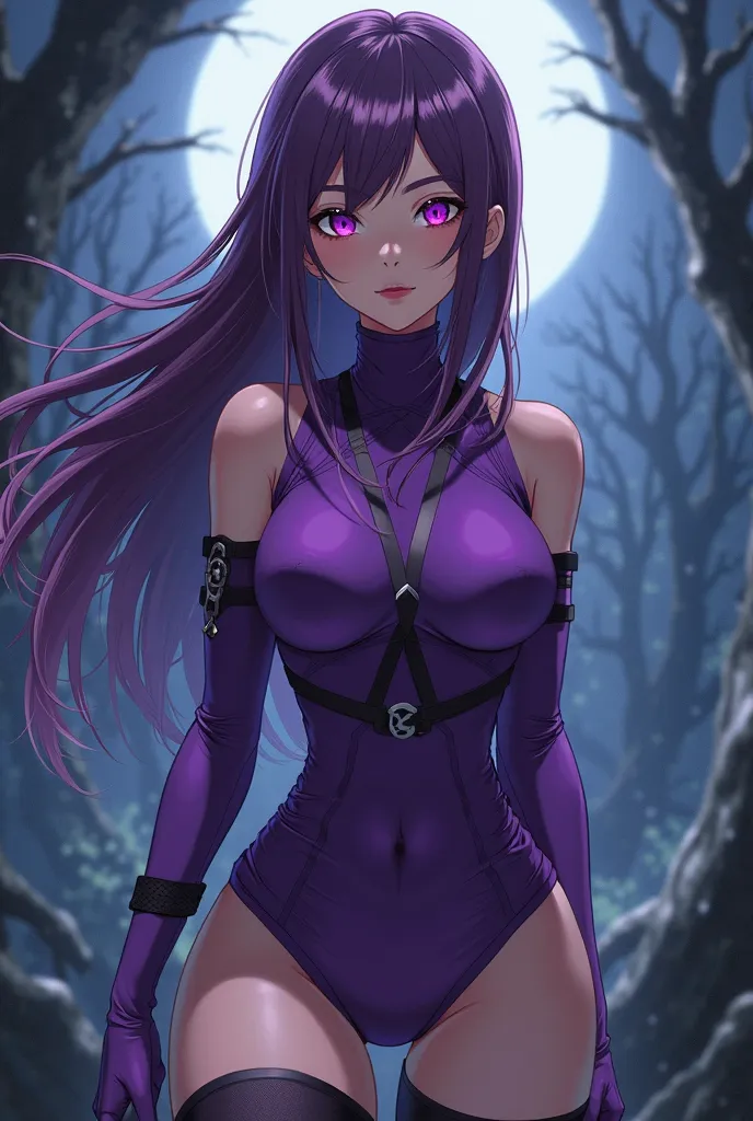 Anime girl with long purple hair who has a ninja style and who wears purple clothes and who has a huge bust