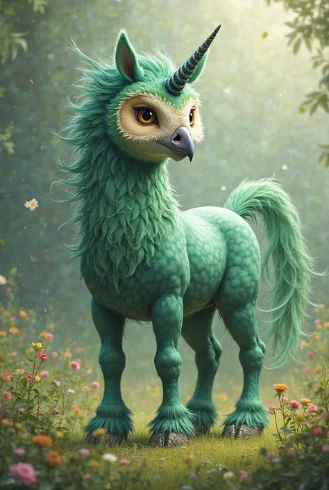 Cute green horse with green owl's head and a beak with unicorn's horn and tail