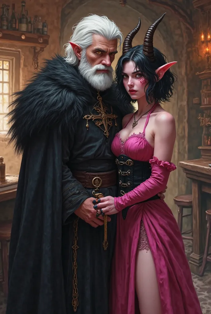 create the image of a young-looking human man with Caucasian skin, white hair and beard and yellow cat eyes, with a scar on the face that cuts off the left eye, He wears a black gibbon with a black cloak with wolf skin and a tiefling woman with brown horns...