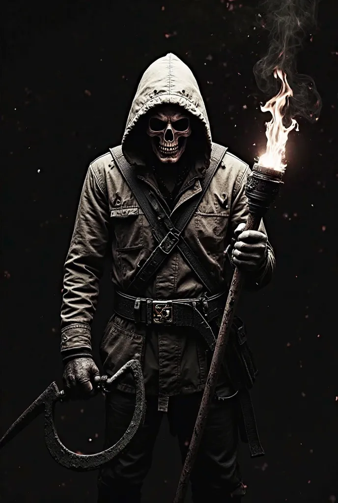 Logo of a Guy with a skull mask and a torch and a sickle in his hand with a black background
