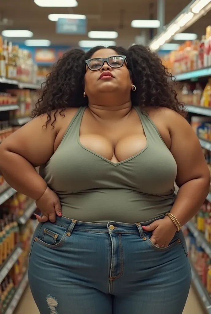 In a crowded supermarket, a massive hips pawg plus-sized 30-year-old white supermarket worker with glasses, dressed in a low-cut tank top and jeans, leans seductively over a group of huge pumped students as they gazes longingly at her enormous cleavage. re...