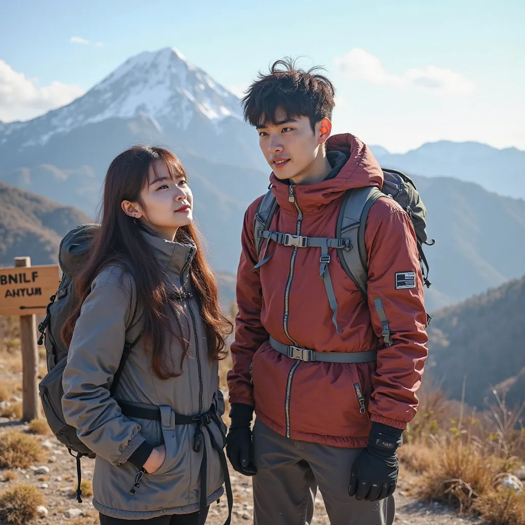 a beautiful korean woman, long haired maroon brown, fair skin, round-eyed , nasolabial,  lips slightly thick, chubby cheeks,  and a handsome Korean guy , they wear ootd full hiking clothes as well as hiking attributes, next to it there is a direction adven...