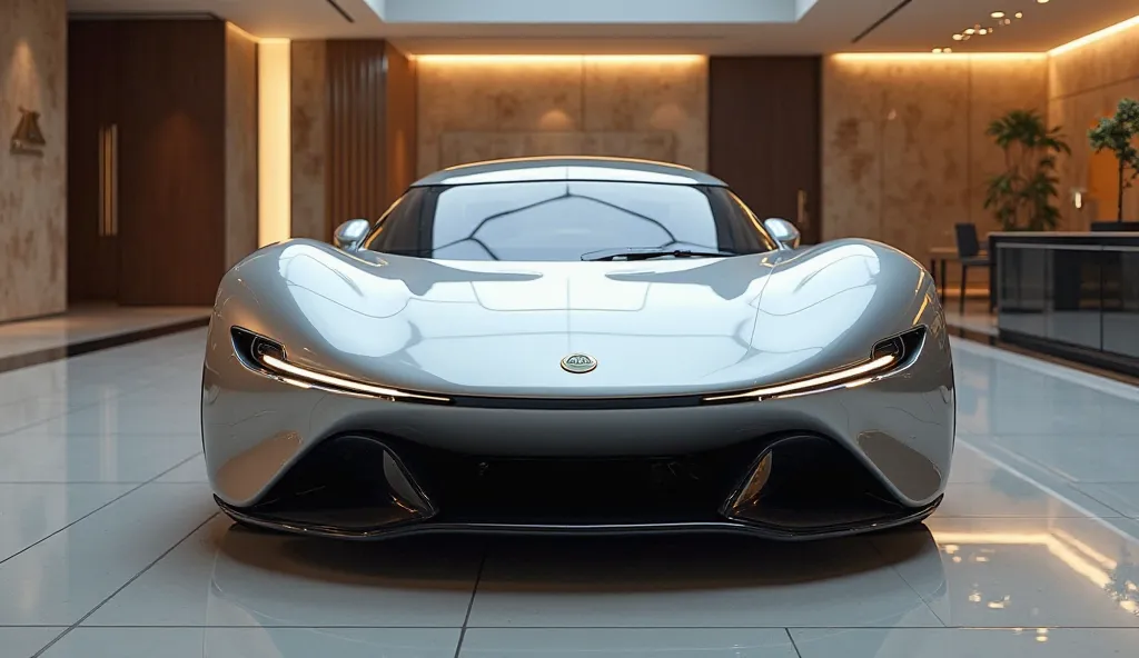 Generate images of Lotus Emeya 2025 fornt view stand in luxury showroom 