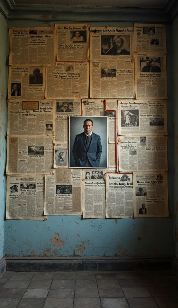 A wall full of old newspapers with headlines about mysterious disappearances around the world. In the center, a photo of the Somerton Man connected by red wires to other unexplained cases. Some headlines talk about unidentified bodies, secret codes and inv...