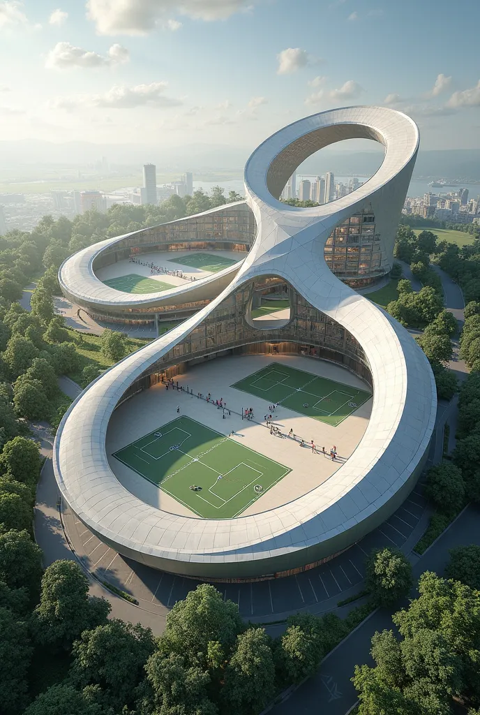 Like the sports palace in Caen, Generate a modern sports palace in the shape of the reclining Infinity symbol.
Tout autour de la structure on retrouve un espace vert, des places de parking et deux plateaux sportifs: One handball and one volleyball.