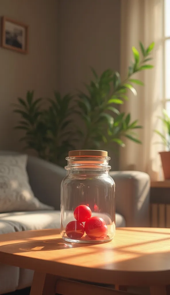 On a table is a closed jar with a small round red candy in an apartment.
