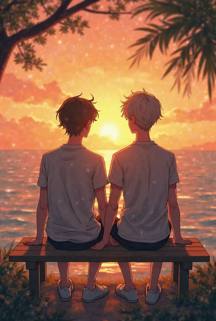 Create an anime-style picture with no environment where two male friends are sitting on a bench watching the sunset over the sea 