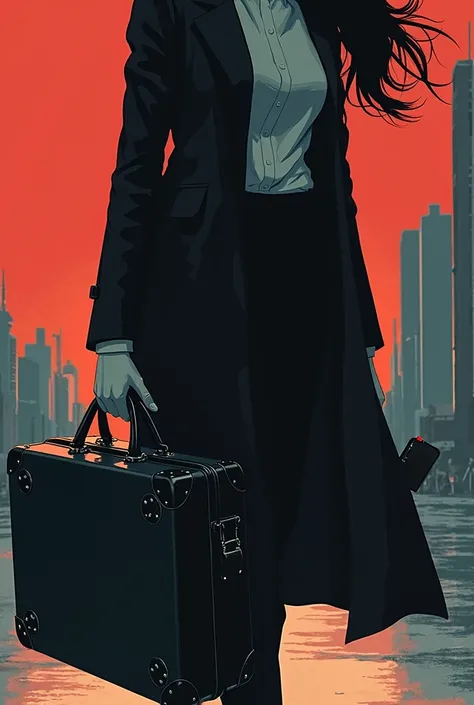 a close up of a woman holding a suitcase and a cell phone, artwork in the style of guweiz, holding a briefcase, digital art from danganronpa, briefcase, concept piece, guweiz masterpiece, guweiz, dark high-contrast concept art, he is carrying a black brief...