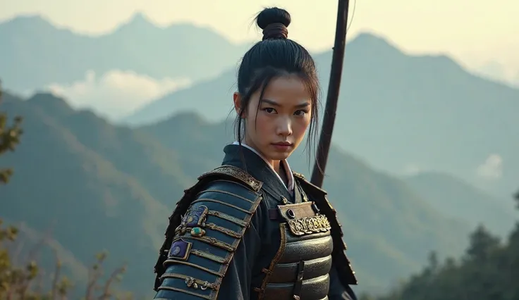 A young samurai woman about 25 years old, straight black hair tied in a high bun, Dark brown eyes, Japanese ethnicity . She is wearing traditional samurai armor, with gold details, and wields a naginata with a firm and confident posture. The background is ...