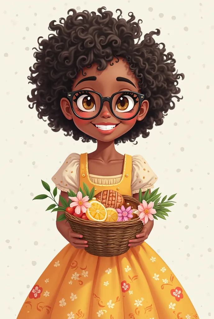 Create an image in simple drawing format, My main character is a brown , cute, Smile wide, wears glasses, With short curly hair in black, brown eyes and a very beautiful and colorful dress she makes breakfast baskets and decorations she loves flowers. É pa...