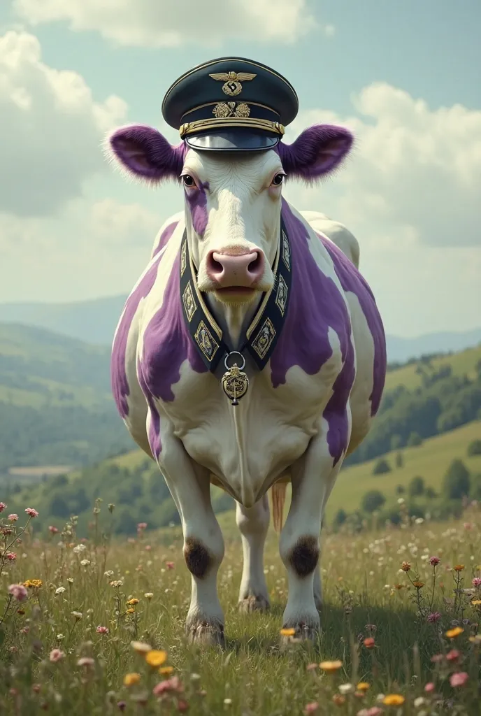 milka cow, colored white with purple spots, wearing a German SS uniform and helmet from the Second World War. She's standing on four hooves in a meadow.