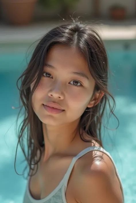 A 20-year-old girl with a humble appearance.  She has a calm expression , simple clothes and minimal makeup. Her face reflects sincerity and quiet trust. The background features a pool,  with soft natural lighting , giving a subtle sense of relaxation and ...