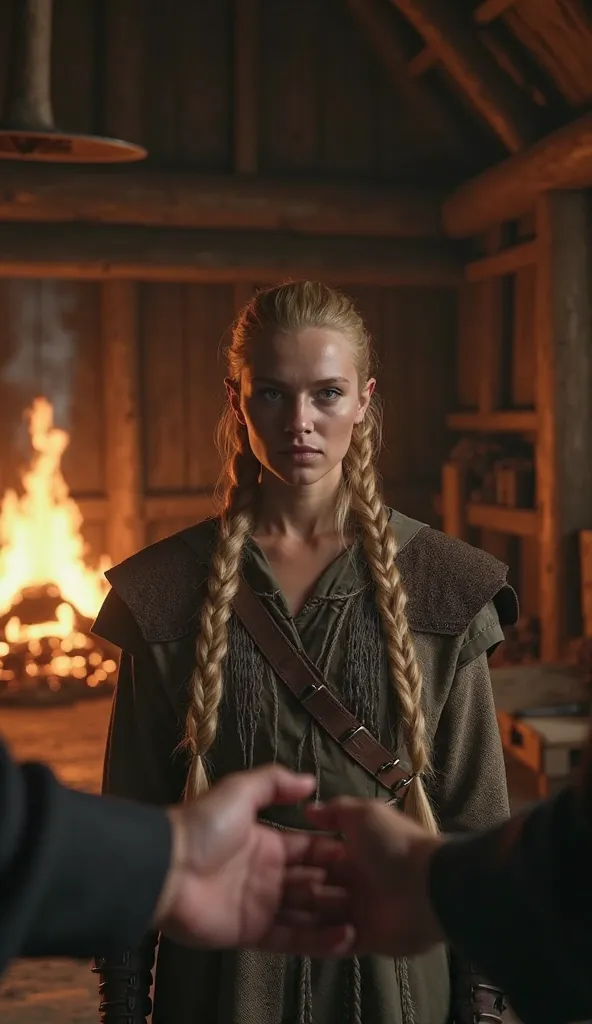 Ultra-realistic cinematic first-person perspective. You are Ragnar Lothbrok, standing inside a dimly lit Viking longhouse. The warm glow of a crackling fire flickers across wooden walls, casting deep shadows. In front of you stands Lagertha, her piercing b...