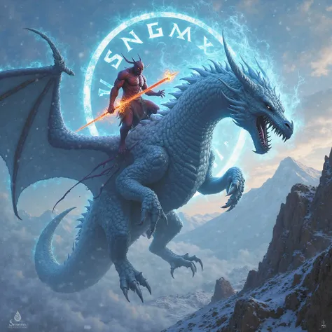 Ice dragon shoots blue fire out of its mouth. flies into post-apocalyptic Alps sitting on its back is a red naked devil with horns and flaming sword in his hand. WRITES SN3XY glows in the sky