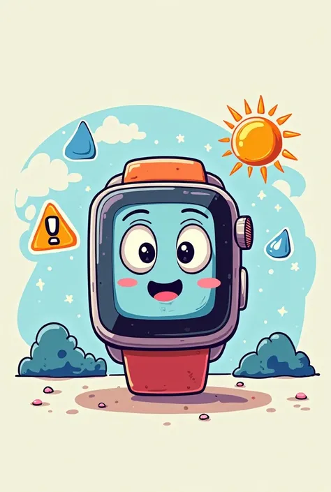 Cartoon-style illustration of a smartwatch with warning symbols indicating it should not be exposed to the sun or water. The background is simple and clean.