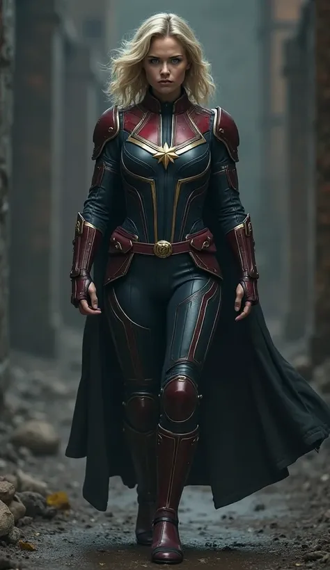 Captain Marvel wearing her costume in shades of black and looking like dark ages armor walking toward the camera in a dark setting.