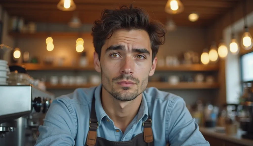 Promt: "A young man aged 25-28, with dark short hair, with slight stubble, working barista in a cafe. A coffee machine is visible, slightly nervous. Atmosphere нового рабочего места, behind him, bright cafe interior. His eyes can be seen determination, but...