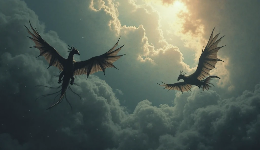 The camera takes to the sky, where dragons and griffins are flying. The sky is covered with black clouds. Cinematic style, fantasy