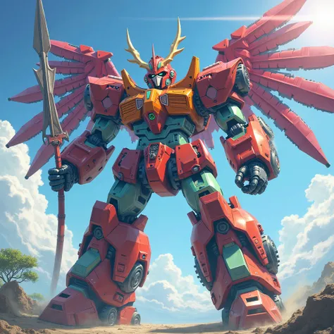 (Fusion combined with the hawk, giraffe, deer, rhinoceros and armadillo robots coming together to form one), Megazord robotic style, mecha, metallic finishes, ((The main colors are red, orange and green)), blue and purple details, large wings on the back, ...