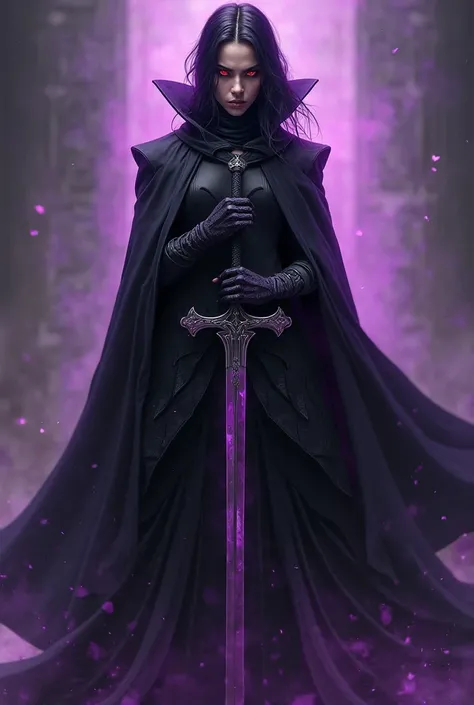 shadow black purple jacket black cloak cross shaped sword black hair red but eyes with purple aura