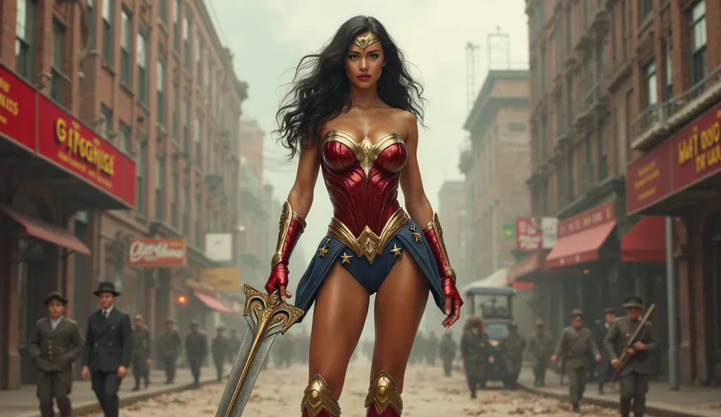 A sexy milf type stunning female warrior resembling Wonder Woman stands in the middle of a smoky, war-torn city street. She wears a gold and red armored bustier, dark blue battle shorts adorned with intricate golden designs, red gauntlets on her arms, and ...