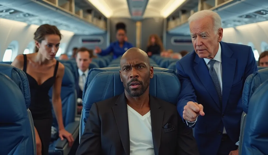 A hyper-realistic, ultra-detailed, cinematic image inside a luxurious airplane cabin. Seated in a premium blue business-class seat is a Face structure and exactly like Terry Crews, and intense expressive eyes, resembling actor Terry Crews. He wears a fitte...