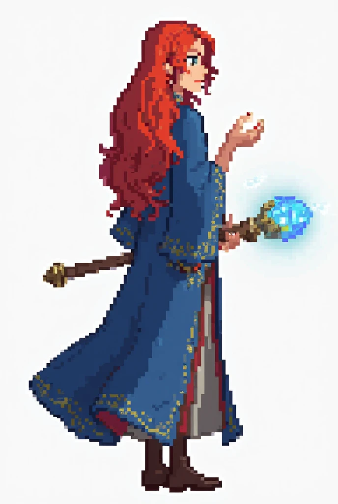 "A 2D pixel art character of Lina, the Sorceress, facing right. She is a young mage with long, flowing red hair and a blue enchanted robe with golden details. She holds a glowing staff with a blue crystal in her right hand. Her left hand is slightly raised...