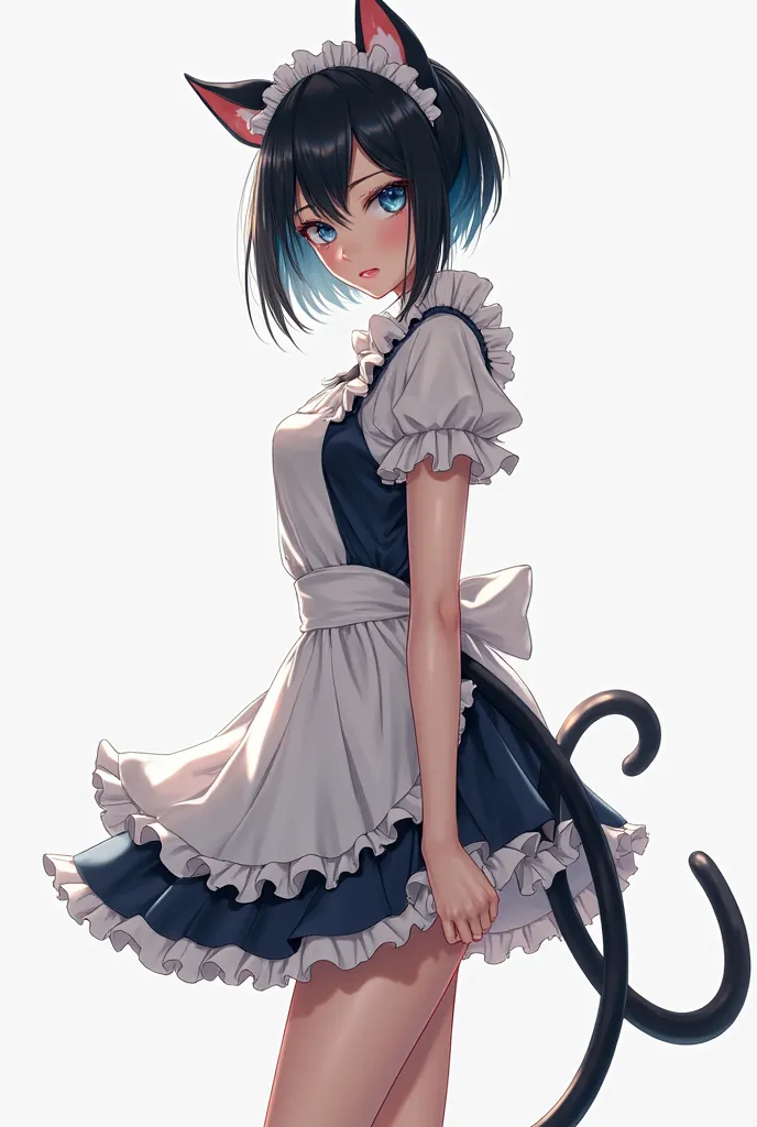 Boy, wearing sexy maid clothes, black hair, blue eyes, cat tail, cat ear, sexy and white skin 