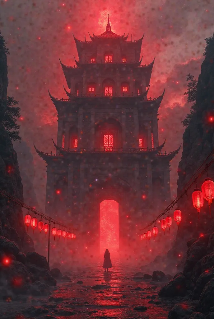 Endless temple，emits dark red light and red lanterns