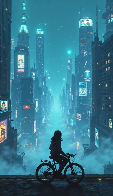 Create a highly detailed, melancholic 8K resolution scene inspired by the cyberpunk aesthetic of Blade Runner 2049. The image captures a distant, wide-angle view of a sprawling futuristic city, with a lone girl sitting atop a sleek, futuristic bicycle on a...