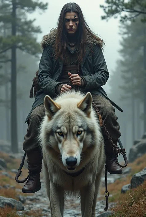  long-haired brunette , embittered at people, with stripes on the face,  background riding a gray wolf