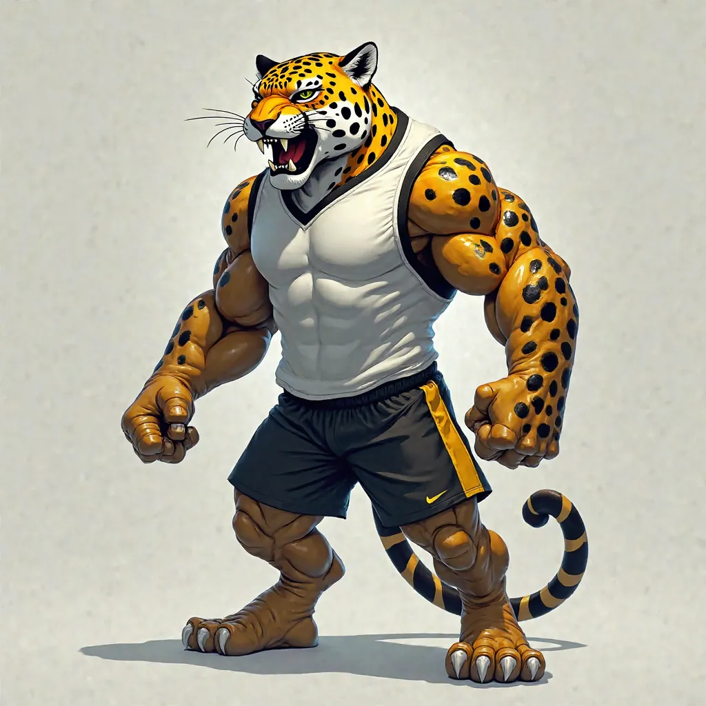 A jaguar standing with an angry face wearing a white team sleeve jersey boot and black and yellow shorts 