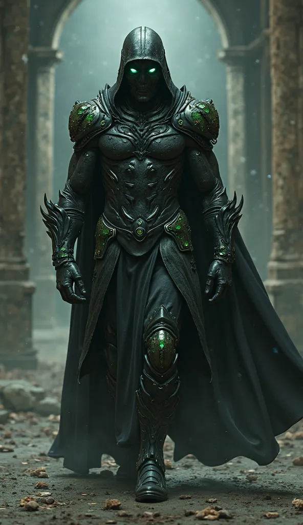 Marvel Green Goblin with his costume and helmet in shades of black and looking like dark age armor walking toward the camera in a dark setting.