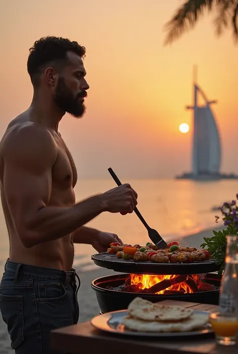 A clean-shaven man, looking at the sunset with his face not visible, grills Persian Joojeh Kabab on a charcoal barbecue near Burj Al Arab, fanning the flames and brushing saffron-marinated chicken with butter. Skewered bell peppers and tomatoes sizzle besi...