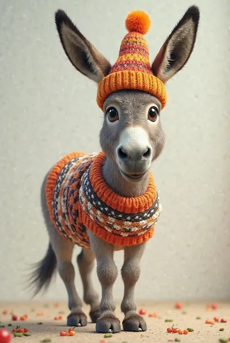 A donkey wearing a shoe sweater and a hat