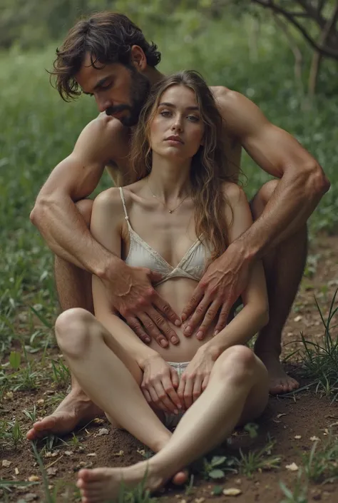  woman of four, Sitting on the grave, with open legs, man behind, Penetrating a woman's anus.