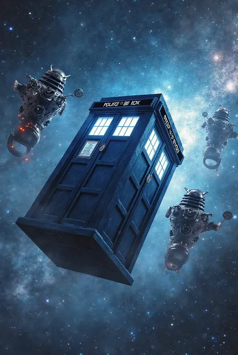 The TARDIS evading three Daleks in space