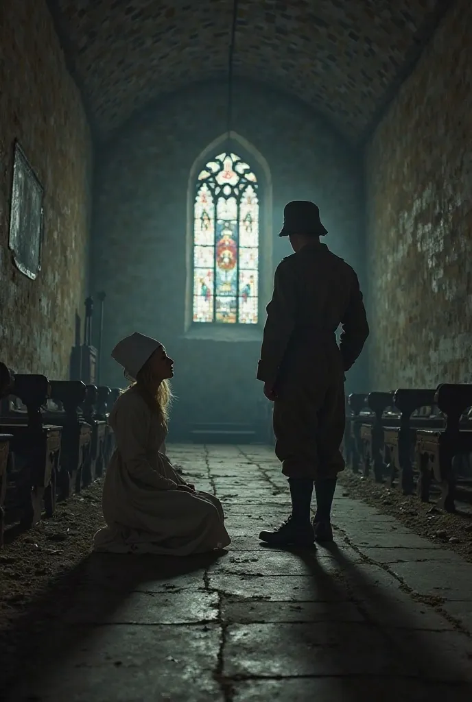 Realistic image of a scene at night in an abandoned Orthodox Church, a blonde 19 years old Russian nurse sits on the ground, scared of the brown-haired thin German soldier who stands with his back and speaks with her