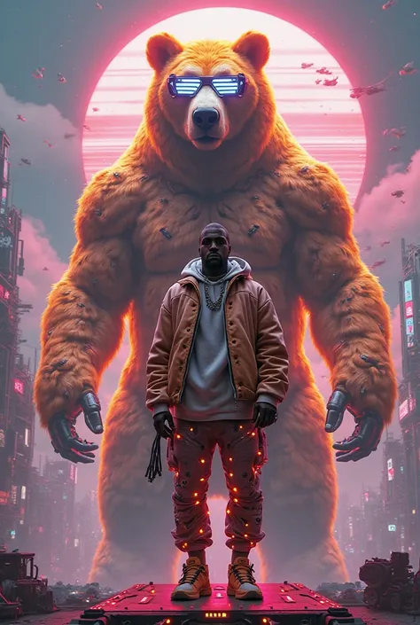 A neon-drenched futuristic world where Kanye West, wearing avant-garde sci-fi streetwear with LED patterns, stands confidently on a hovering platform. Behind him, a massive, robotic bear towers over an entire cityscape, its golden cybernetic fur shimmering...