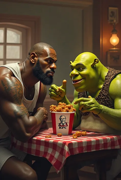 Make me a picture of LeBron james and shrek eating kfc
