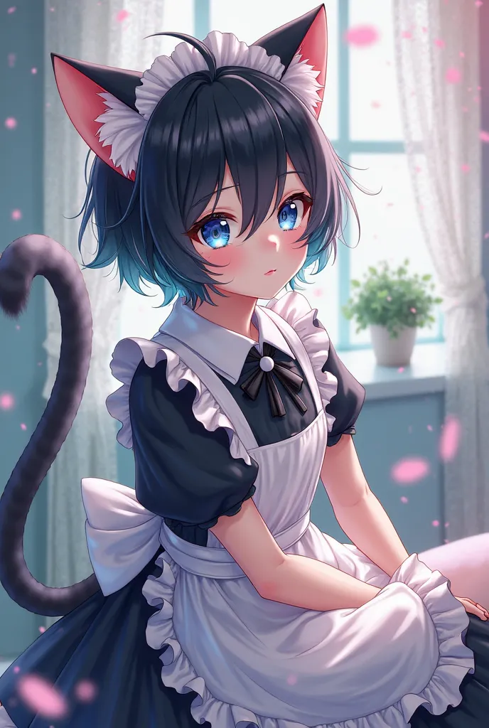 anime style, Boy with an effeminate body, gay, black hair,  blue eyes,  white skin,  cat ear, cat&#39;s tail, Wearing maid clothes 