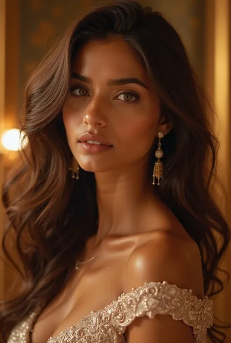 Ultra-realistic portrait of a 22-year-old Indian luxury model, oval face shape, light hazel almond eyes, slim well-defined nose, small lips with a natural gloss, long wavy chestnut brown hair, radiant golden skin tone, wearing an elegant high-fashion dress...