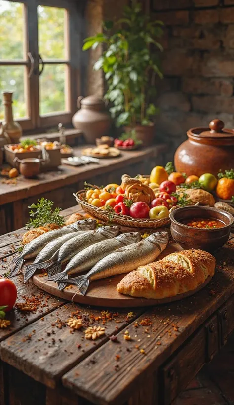 A dining table full of bread, 5 fish, fruits, stew, and a pot of soup.