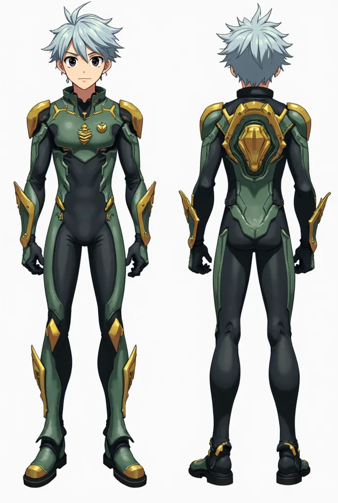 A My Hero Academia-style superhero named WyvrenGale, shown in both front and back views. He is a 16-year-old male with silver hair and black eyes. He wears a battle suit inspired by Ventus Master Ingram from Bakugan, with a sleek and aerodynamic design. Th...